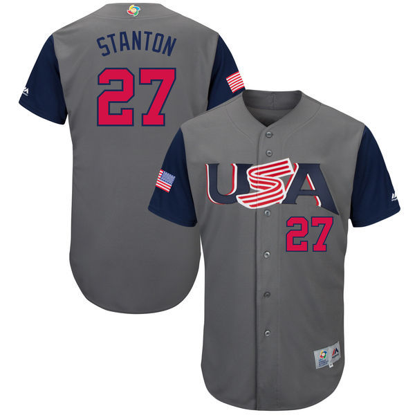 customized Men USA Baseball #27 Giancarlo Stanton Majestic Gray 2017 World Baseball Classic Authentic Jersey